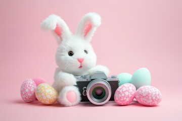 Aufkleber - Cute bunny toy with a camera surrounded by colorful Easter eggs on a pastel pink background