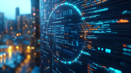 Interface displays data streams with bokeh city backdrop circle line graph