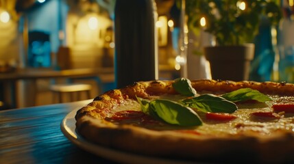 Poster - A freshly baked pizza with basil and juicy tomatoes is placed on a rustic wooden table, illuminated by warm, golden light, creating an inviting atmosphere