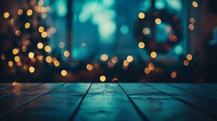 Poster - Soft focus highlights a blurred evergreen wreath and warm fairy lights, evoking a festive holiday spirit with ample space for seasonal greetings or messages