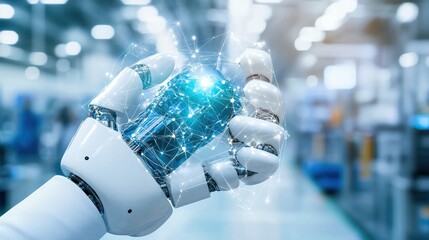 Poster - A robotic hand holding a glowing light bulb with digital connections, symbolizing innovation.