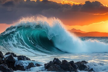 Aufkleber - Vibrant ocean wave crashing against rocky shore at sunset