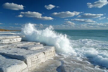 Aufkleber - Waves crashing on rocky shore under a clear blue sky with fluffy clouds during bright daylight