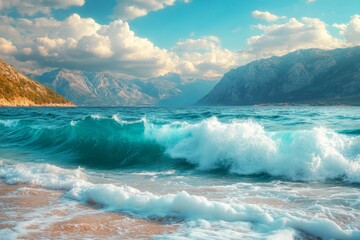 Aufkleber - Waves crashing on a serene beach with mountains in the background during the late afternoon