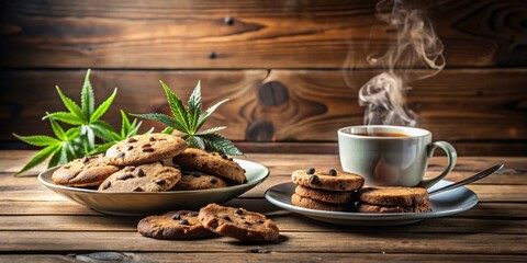 Aufkleber - Aromatic herbal cookies and a warm beverage on a rustic wooden surface