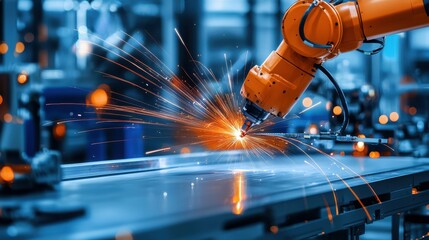 Poster - Industrial robotic arm welding sparks in a factory setting.