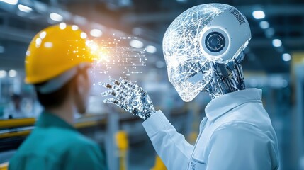 Poster - A futuristic humanoid robot interacts with a male worker in an industrial setting.