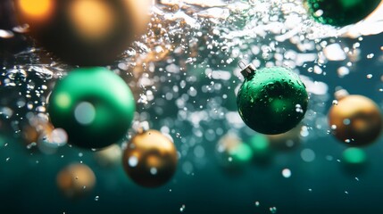 Poster - Green and gold Christmas ornaments gently float in clear water, with dynamic light reflections forming patterns on the surface, creating a festive underwater atmosphere