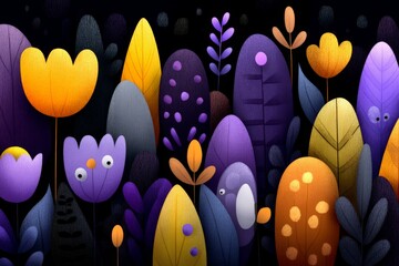 Aufkleber - Colorful illustration of whimsical flowers and plants in a dark background setting with unique shapes and vibrant hues