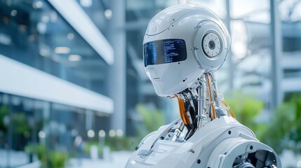 Poster - A sleek, humanoid robot with a shiny exterior and digital display, set in a modern environment.