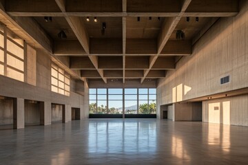 Poster - Wide-angle view highlights a minimalist concrete room with abstract geometric designs, illuminated by natural light streaming through a large window