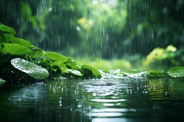 Poster - Rainfall on lush green leaves creates a tranquil atmosphere in a serene garden during a summer afternoon