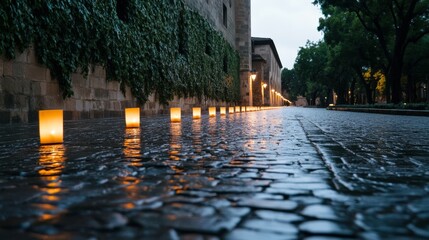 Poster - A serene cobblestone street is softly lit by lanterns, creating a nostalgic atmosphere. Ivy-covered walls and rolling mist enhance the magical evening experience