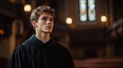 Poster - With a serene expression, a young man in a black robe stands thoughtfully within a majestic cathedral. Sunlight filters through stained glass, illuminating his face and creating a mystical atmosphere