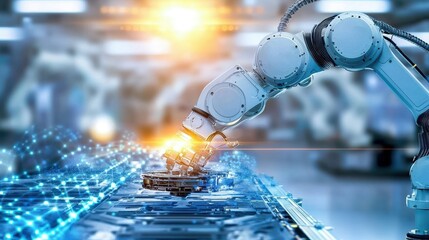 Poster - Advanced robotic arm manipulating components in a futuristic factory setting.