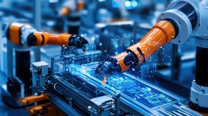 Poster - Advanced robotic arms assembling high-tech components in a modern manufacturing facility.