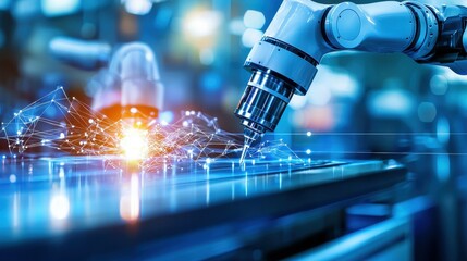 Poster - A robotic arm with a drill working on a futuristic digital interface.