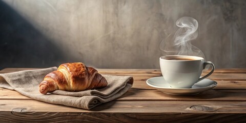 Poster - A freshly baked croissant and a steaming cup of coffee on a rustic wooden table