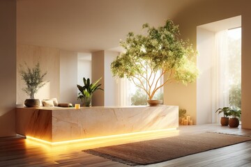 Aufkleber - Modern spa interior design featuring plants, a soaking tub, and warm lighting in a serene environment