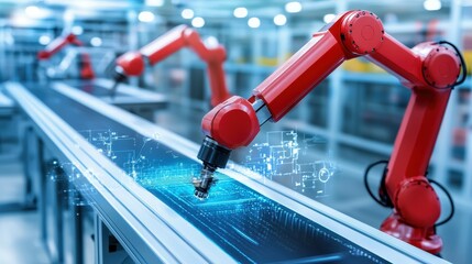 Poster - Red robotic arms working on a conveyor belt in a high-tech manufacturing facility.