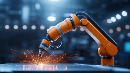Poster - Industrial robotic arm welding in a modern workshop environment.