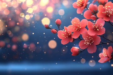 Poster - Delicate cherry blossoms bloom against a dreamy blue background with soft bokeh effects during the early spring season