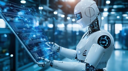 Poster - Futuristic robot interacting with digital interface in a tech environment.
