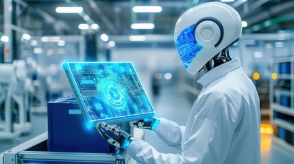 Poster - A futuristic robotic figure analyzing digital data in a modern industrial setting.