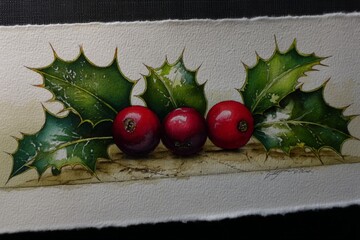 Poster - Holiday greenery and red berries arranged on textured paper for festive decor focus