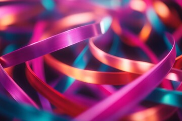 Fototapete - Bright neon ribbons swirl in fluid motion against a dark background, creating an enchanting composition. The design features an area for text or other elements