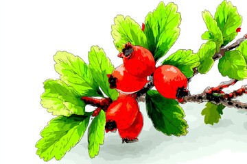 Poster - Colorful branch with ripe berries and vibrant green leaves in a natural setting during daylight