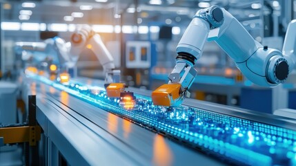 Poster - Automated robotic arms assembling electronic components in a high-tech manufacturing facility.