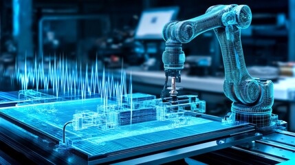 Poster - Reinforced-frame robot conducting rotational analysis in a futuristic manufacturing facility