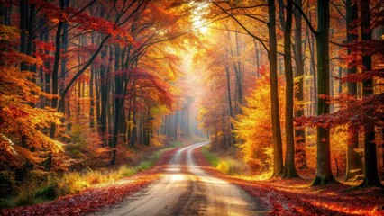 Poster - Autumnal Pathway Through a Sun-Dappled Forest of Vibrant Red and Gold Foliage
