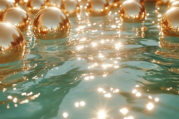 Poster - Golden spheres float gently on the turquoise water reflecting sunlight in a serene outdoor environment during midday