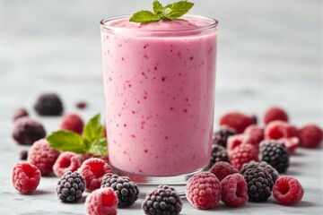Poster - Refreshing berry smoothie served in a glass surrounded by fresh raspberries and blackberries on a light marble surface