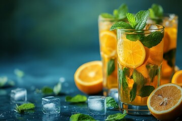 Poster - Refreshing citrus drinks with mint and ice served in clear glasses on a blue background