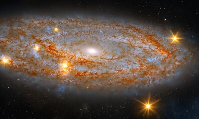 Poster - Dynamic spiral galaxy surrounded by colorful light bursts made with Generative AI technology