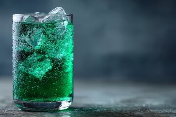 Poster - Refreshing green soda served with ice in a clear glass on a textured surface in a dimly lit atmosphere