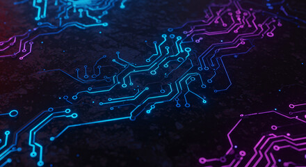 Poster - Abstract Circuit Board Design Glowing Neon Blue and Purple Pathways