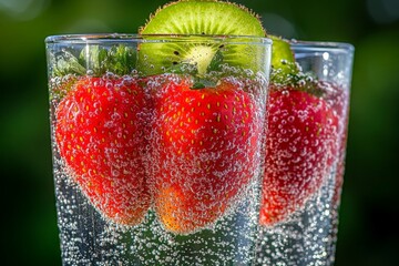 Poster - Refreshing summer drink with strawberries and kiwi in sparkling water served outdoors