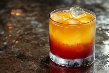 Poster - Bright layered cocktail garnished with ice on a reflective bar surface during evening hours