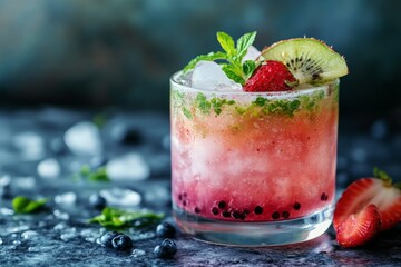 Poster - Refreshing summer cocktail with strawberries and mint garnished on a dark stone background