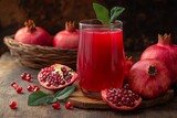 Fresh pomegranate juice served in a glass with whole pomegranates in a rustic setting