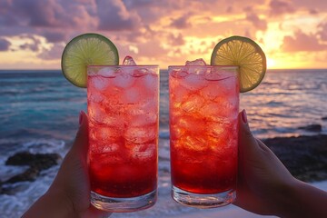 Poster - Enjoying colorful cocktails during a beautiful sunset on a beach with golden clouds