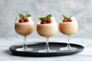 Aufkleber - Refreshing dessert drinks with strawberries and mint served on a black tray at a kitchen counter