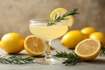 Poster - Refreshing lemon cocktail garnished with rosemary and served in a stylish glass with fresh lemons nearby