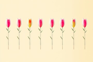 Poster - Colorful tulips arranged in a line against a soft yellow background during springtime