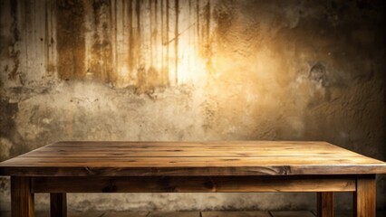 Poster - Rustic Wooden Table Against a Weathered Wall Background Perfect for Product Displays or Mockups