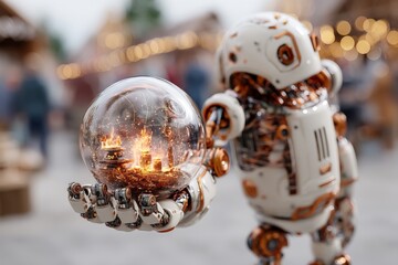 Poster - Robot holds glowing glass orb with fiery scene inside at a festive outdoor market during twilight
